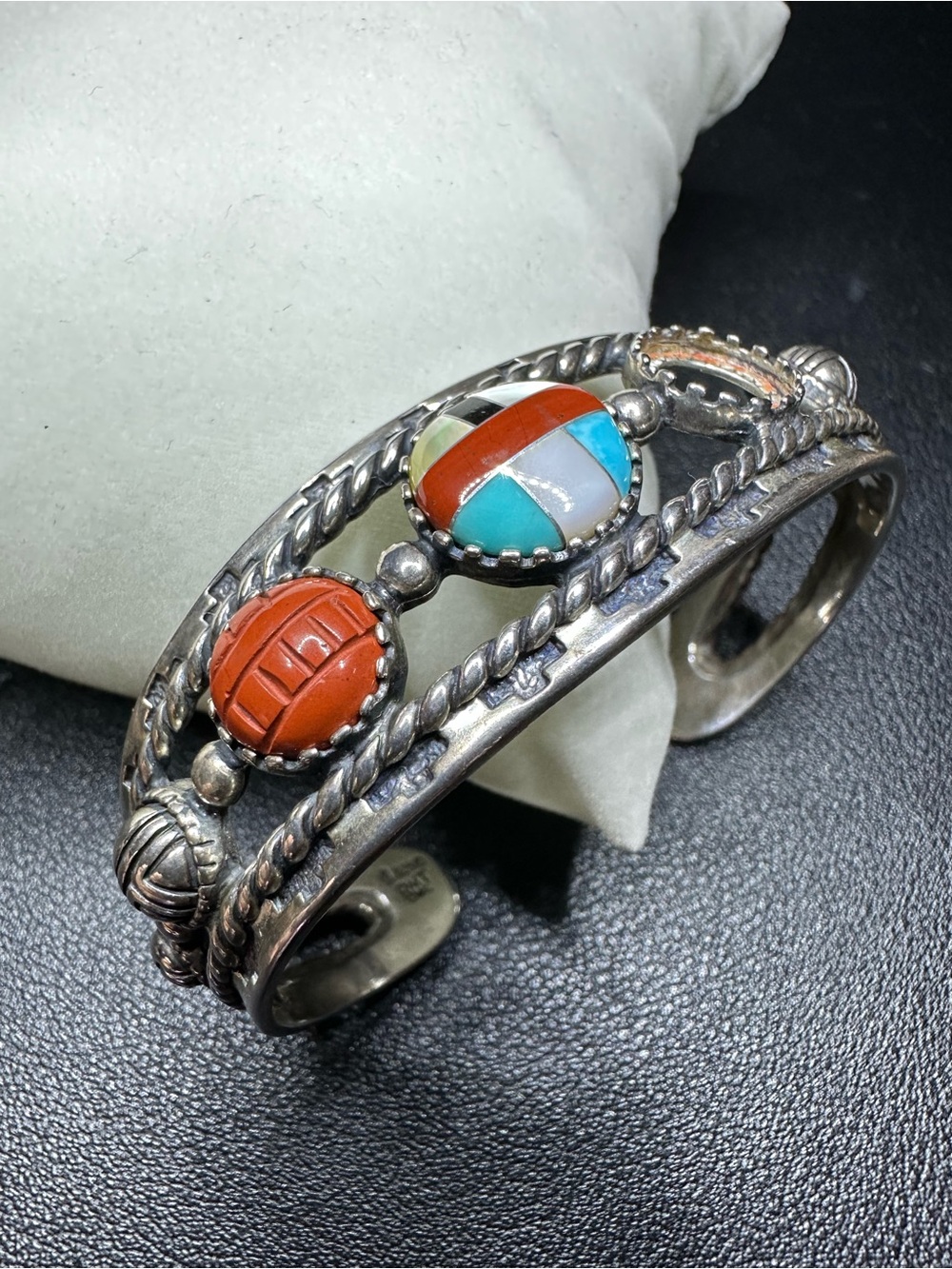 Vintage Carolyn Pollack Relios RMT 925 Silver Stone In-lay Cuff Bracelet Flawed